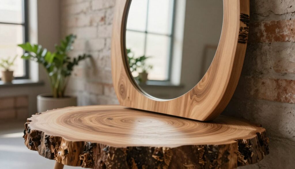 A beautiful wooden slice serving as a backdrop for a modern mirror in a natural and loft-inspired decor. The foreground features a textured, circular wooden slice with visible grain patterns and organic imperfections. In the middle of the composition, a stylish, frameless mirror reflects soft natural light. The background showcases a minimalist interior with exposed brick walls and potted green plants to enhance the earthy feel. Warm sunlight filters through a nearby window, casting gentle shadows and creating a serene atmosphere. The perspective should be slightly angled to highlight both the mirror and the wood slice effectively, inviting viewers to contemplate the interplay of materials in interior design.