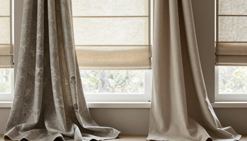 A beautifully arranged selection of various fabric samples for Roman blinds, displaying a variety of textures and patterns. In the foreground, rich cottons and elegant linen with intricate prints are draped artistically to showcase their aesthetic folds and pleating details. The middle ground features a soft, natural light illuminating the fabric's colors and textures, creating a serene ambiance. In the background, a subtle hint of a partially finished Roman blind is visible, demonstrating the concept of fabric choice in practical application. The scene exudes a cozy, inviting atmosphere, perfect for a home decor theme. The overall composition is elegant, focusing on the beauty and importance of fabric selection without any distractions. A beautifully arranged selection of various fabric samples for Roman blinds, displaying a variety of textures and patterns. In the foreground, rich cottons and elegant linen with intricate prints are draped artistically to showcase their aesthetic folds and pleating details. The middle ground features a soft, natural light illuminating the fabric's colors and textures, creating a serene ambiance. In the background, a subtle hint of a partially finished Roman blind is visible, demonstrating the concept of fabric choice in practical application. The scene exudes a cozy, inviting atmosphere, perfect for a home decor theme. The overall composition is elegant, focusing on the beauty and importance of fabric selection without any distractions.