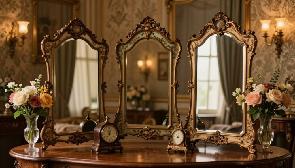 A beautifully arranged vintage setting showcasing a selection of elegant Art Nouveau mirrors (ceny luster secesyjnych). In the foreground, a richly ornate, tall mirror with intricate floral patterns and delicate curvilinear designs reflects warm golden light from a nearby window. The mirrors are displayed on a wooden table adorned with antique accessories, like a vintage clock and delicate glass vases filled with fresh flowers, adding depth. In the middle, soft ambient lighting enhances the rich textures of the surroundings, inviting a sense of nostalgia. The background features a softly blurred opulent room with patterned wallpaper and dimly lit sconces, contributing to an atmosphere of refined elegance and historical charm. The image should evoke a sense of sophistication and harmony, ideal for appreciating the beauty and value of vintage mirrors.