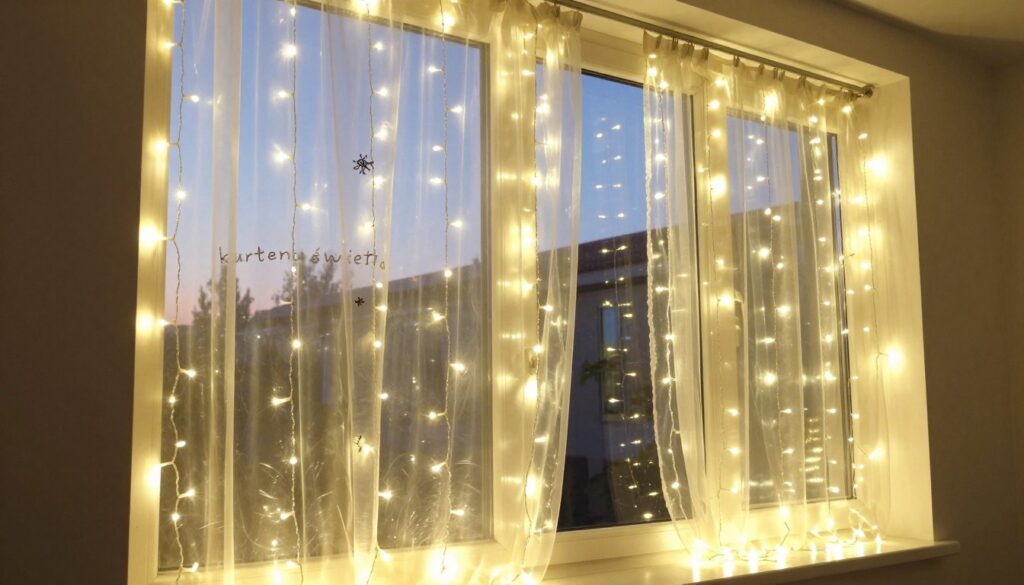 A beautifully arranged window adorned with a delicate "kurtyna świetlna" (light curtain) featuring glowing, warm white fairy lights. The installation is aesthetically pleasing, draped elegantly without damaging the window frame. In the foreground, soft, luminous lights create a cozy atmosphere, while the middle ground showcases the decorative curtain framing a backdrop of a tranquil evening scene outside, with hints of dusk sky colors. The lighting captures the gentle glow of the lights, casting subtle reflections on the glass. The angle is slightly tilted to emphasize the window and its surrounding decor. The mood is inviting and serene, perfect for enhancing a living space while maintaining focus on the dazzling display of lights.
