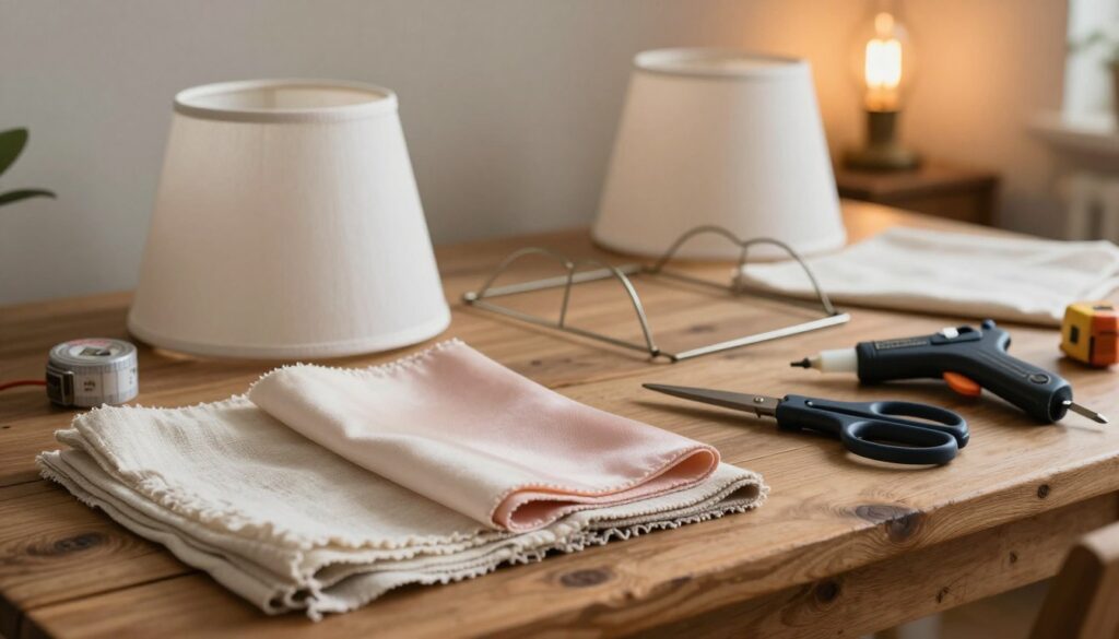 A beautifully arranged workspace showcasing various materials used for making a lamp shade. In the foreground, display a selection of fabric swatches: linen, cotton, and silk in soft pastel colors, neatly folded. Beside them, place an assortment of tools such as scissors, a glue gun, and a measuring tape, all on a rustic wooden table. In the middle ground, have a partially assembled lamp shade frame, crafted from metal, with a delicate wire structure visible. The background should feature a softly lit, cozy room with warm, inviting tones, and a dimly lit light bulb casting gentle shadows, creating a calm and creative atmosphere. The composition should highlight craftsmanship and DIY spirit, emphasizing the textures of materials and tools. Aim for a soft focus that conveys warmth and inspiration. A beautifully arranged workspace showcasing various materials used for making a lamp shade. In the foreground, display a selection of fabric swatches: linen, cotton, and silk in soft pastel colors, neatly folded. Beside them, place an assortment of tools such as scissors, a glue gun, and a measuring tape, all on a rustic wooden table. In the middle ground, have a partially assembled lamp shade frame, crafted from metal, with a delicate wire structure visible. The background should feature a softly lit, cozy room with warm, inviting tones, and a dimly lit light bulb casting gentle shadows, creating a calm and creative atmosphere. The composition should highlight craftsmanship and DIY spirit, emphasizing the textures of materials and tools. Aim for a soft focus that conveys warmth and inspiration.