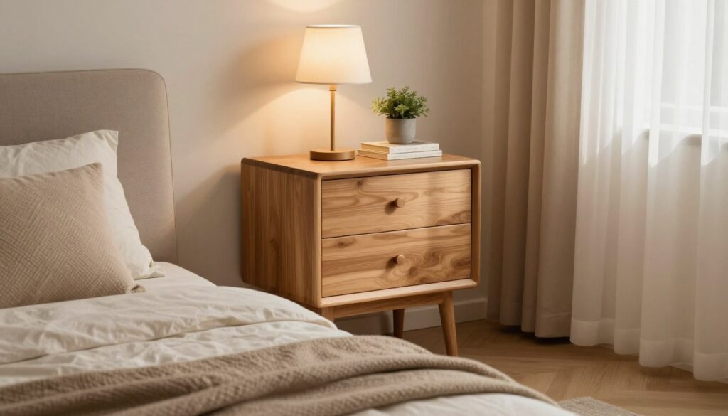 A beautifully crafted DIY nightstand stands prominently in a cozy, warmly lit bedroom. The nightstand features a minimalist design, made from natural wood with a smooth finish, showcasing elegant drawer pulls. In the foreground, a soft, inviting bed with neutral-toned bedding is visible, decorated with textured pillows and a gentle throw. The middle ground highlights the nightstand adorned with a stylish table lamp, a small potted plant, and a few books, creating a personal touch. In the background, light filters through sheer curtains, enhancing the calm and serene atmosphere of the space. The room is softly illuminated, creating a peaceful and inviting mood, perfect for relaxation. Capture this scene with a warm color palette, using a wide-angle lens for a spacious feel, and gentle shadows to emphasize the cozy ambiance. A beautifully crafted DIY nightstand stands prominently in a cozy, warmly lit bedroom. The nightstand features a minimalist design, made from natural wood with a smooth finish, showcasing elegant drawer pulls. In the foreground, a soft, inviting bed with neutral-toned bedding is visible, decorated with textured pillows and a gentle throw. The middle ground highlights the nightstand adorned with a stylish table lamp, a small potted plant, and a few books, creating a personal touch. In the background, light filters through sheer curtains, enhancing the calm and serene atmosphere of the space. The room is softly illuminated, creating a peaceful and inviting mood, perfect for relaxation. Capture this scene with a warm color palette, using a wide-angle lens for a spacious feel, and gentle shadows to emphasize the cozy ambiance.