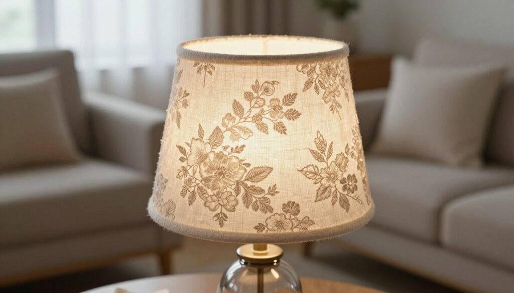 A beautifully crafted lamp shade (klosz abażuru) in the foreground, showcasing a delicate, intricately woven fabric with floral patterns that catch the light. The middle ground features the lamp's elegant base, made of polished metal with a classic design, reflecting soft, ambient lighting from above. The background is a cozy, warmly lit living space, with soft furnishings and neutral colors that enhance the inviting atmosphere. Use natural window light to create gentle shadows and highlights, capturing the details of the fabric texture. The scene is styled to evoke a sense of DIY craftsmanship and homely charm, ideal for an artistic and cozy decor theme. Focus on a close-up perspective to highlight the distinct features of the lamp shade and its surroundings. A beautifully crafted lamp shade (klosz abażuru) in the foreground, showcasing a delicate, intricately woven fabric with floral patterns that catch the light. The middle ground features the lamp's elegant base, made of polished metal with a classic design, reflecting soft, ambient lighting from above. The background is a cozy, warmly lit living space, with soft furnishings and neutral colors that enhance the inviting atmosphere. Use natural window light to create gentle shadows and highlights, capturing the details of the fabric texture. The scene is styled to evoke a sense of DIY craftsmanship and homely charm, ideal for an artistic and cozy decor theme. Focus on a close-up perspective to highlight the distinct features of the lamp shade and its surroundings.