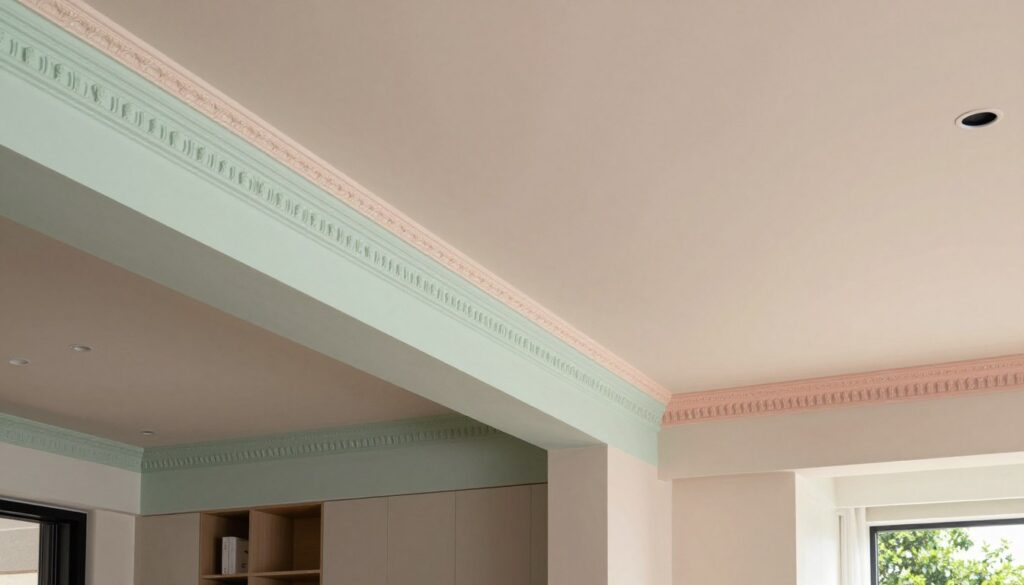 A beautifully decorated ceiling featuring a blend of modern and classic design elements, showcasing a rich kolor sufitu in soft pastels and vibrant hues. In the foreground, elegant molding and decorative plasterwork with intricate details highlight the ceiling's edges, while a subtle mix of textures and patterns create an inviting atmosphere. The middle ground illustrates a stylish room furnished with minimalistic furniture and tasteful decor, with soft, diffused lighting emphasizing the colors of the ceiling. In the background, a hint of greenery from a window adds a refreshing touch. The overall mood is serene and inspiring, perfect for a space undergoing a quick makeover without extensive renovations. The image should convey innovation in interior design through color and craftsmanship. A beautifully decorated ceiling featuring a blend of modern and classic design elements, showcasing a rich kolor sufitu in soft pastels and vibrant hues. In the foreground, elegant molding and decorative plasterwork with intricate details highlight the ceiling's edges, while a subtle mix of textures and patterns create an inviting atmosphere. The middle ground illustrates a stylish room furnished with minimalistic furniture and tasteful decor, with soft, diffused lighting emphasizing the colors of the ceiling. In the background, a hint of greenery from a window adds a refreshing touch. The overall mood is serene and inspiring, perfect for a space undergoing a quick makeover without extensive renovations. The image should convey innovation in interior design through color and craftsmanship.