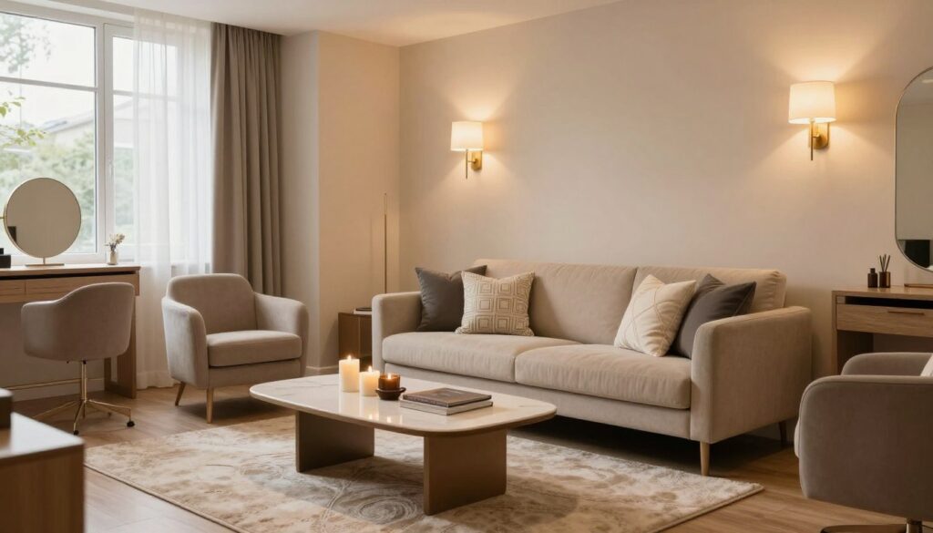 A beautifully decorated salon featuring elegant wall sconces (kinkiety) strategically placed to accentuate the space. In the foreground, a modern coffee table sits on a plush, light-colored rug, alongside stylish décor items like candles and books. The middle section showcases a tastefully arranged sofa with decorative cushions, set against walls painted in soft, warm tones. The sconces cast a gentle, inviting glow, enhancing the cozy atmosphere. In the background, large windows allow soft, natural light to filter in, complemented by sheer curtains. The scene is captured in a wide angle, emphasizing the harmonized arrangement of furniture and lighting, creating a sophisticated yet relaxing vibe perfect for a living room setting. A beautifully decorated salon featuring elegant wall sconces (kinkiety) strategically placed to accentuate the space. In the foreground, a modern coffee table sits on a plush, light-colored rug, alongside stylish décor items like candles and books. The middle section showcases a tastefully arranged sofa with decorative cushions, set against walls painted in soft, warm tones. The sconces cast a gentle, inviting glow, enhancing the cozy atmosphere. In the background, large windows allow soft, natural light to filter in, complemented by sheer curtains. The scene is captured in a wide angle, emphasizing the harmonized arrangement of furniture and lighting, creating a sophisticated yet relaxing vibe perfect for a living room setting.
