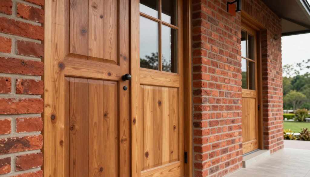 A beautifully designed building façade featuring a harmonious blend of traditional red brick and natural wooden elements. In the foreground, showcase a close-up of the textured wooden panels, which should be rich in color and detail, displaying the grain and knots characteristic of high-quality timber. The middle ground will display sections of classic red brick, arranged in a pattern that complements the wood. In the background, a softly lit landscape with greenery enhances the overall aesthetic. Use warm, natural lighting to create a welcoming atmosphere, reminiscent of a cozy home. The camera angle should be slightly elevated to capture the elegance of the materials, emphasizing durability while exuding sophistication.
