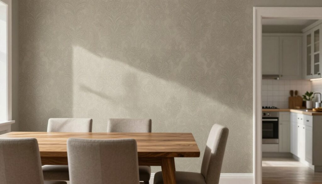 A beautifully designed dining room featuring textured wallpaper specifically tailored to protect the walls from chair scuffs and dirt. In the foreground, an elegant wooden dining table with stylish, modestly upholstered chairs facing the viewer. The middle ground showcases the intriguing wallpaper design, featuring intricate patterns in soft earth tones that blend aesthetics with functionality. In the background, a well-lit kitchen area with subtle natural light streaming through a window, casting gentle shadows. The atmosphere exudes a warm, inviting ambiance, perfect for family gatherings. The focus is sharp on the wallpaper details, with a slight depth of field that softly blurs the surrounding elements to ensure the wallpaper stands out as the central feature.