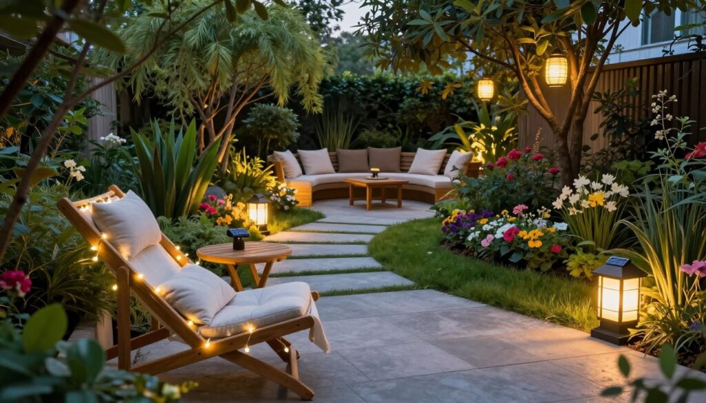 A beautifully designed garden relaxation corner during dusk, featuring ambient outdoor lighting that creates a cozy and inviting atmosphere. In the foreground, a wooden lounge chair draped with soft cushions sits beside a small side table, illuminated by warm fairy lights. In the middle, a path lined with stylish solar garden lights leads to a cozy seating area surrounded by lush greenery and colorful flowers. The background features gently swaying trees and a soft glow from decorative lanterns hanging from branches, creating a sense of tranquility. The scene captures a blend of comfort and safety, with soft glow and shadows enhancing the mood. Photographed at an angle to emphasize depth, with a focus on warm, inviting tones that evoke relaxation.