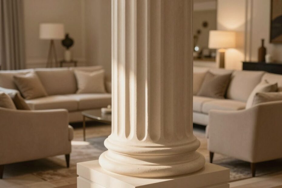 A beautifully designed living room featuring a prominent architectural column bathed in warm, soft lighting. The foreground displays the column in detail, showcasing its unique texture, with graceful shadows accentuating its curves. The middle ground presents a cozy seating area with elegant furniture arranged symmetrically, hinting at a stylish ambiance. In the background, a softly lit, inviting space contributes to the overall atmosphere, with hints of modern decor and art. The lighting emphasizes the column's shape while creating a serene yet sophisticated mood. Capture this scene from a slightly elevated angle to enhance depth and perspective, using natural light sources for a warm and inviting glow. The overall feeling should be one of comfort and understated elegance, perfect for a chic living space.