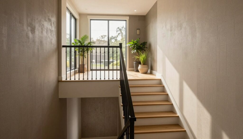 A beautifully finished staircase interior, showcasing a variety of wall finishing options suitable for high-traffic areas. In the foreground, a well-lit staircase, featuring a mix of durable paints and textured wallpapers, reflects modern design trends. The middle ground captures the elegant railing and spacious landing area, framed by large windows allowing natural light to flood in, creating a warm and inviting atmosphere. The background highlights a tasteful arrangement of potted plants and decorative elements that complement the wall finishes. Soft, diffused lighting enhances the textures while casting gentle shadows, evoking a serene yet contemporary mood. The overall composition should exude a sense of practicality and style, focusing on durability and aesthetic appeal. A beautifully finished staircase interior, showcasing a variety of wall finishing options suitable for high-traffic areas. In the foreground, a well-lit staircase, featuring a mix of durable paints and textured wallpapers, reflects modern design trends. The middle ground captures the elegant railing and spacious landing area, framed by large windows allowing natural light to flood in, creating a warm and inviting atmosphere. The background highlights a tasteful arrangement of potted plants and decorative elements that complement the wall finishes. Soft, diffused lighting enhances the textures while casting gentle shadows, evoking a serene yet contemporary mood. The overall composition should exude a sense of practicality and style, focusing on durability and aesthetic appeal.