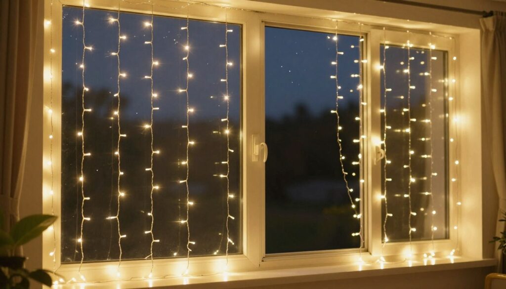 A beautifully lit LED curtain of fairy lights draped elegantly across a window, showcasing a warm and inviting ambiance. In the foreground, delicate strands of soft, twinkling lights create patterns with a subtle glow, illuminating a cozy interior space with a focus on safety and comfort. The middle ground features a window frame, designed to enhance aesthetics without damaging the structure. The background remains softly blurred, revealing a serene night scene outside with a hint of gentle stars twinkling in the night sky. The atmosphere is calm and enchanting, suggesting a safe and secure environment for daily use. Capture this scene in a wide-angle shot with soft focus and warm lighting to convey a feeling of coziness and security.
