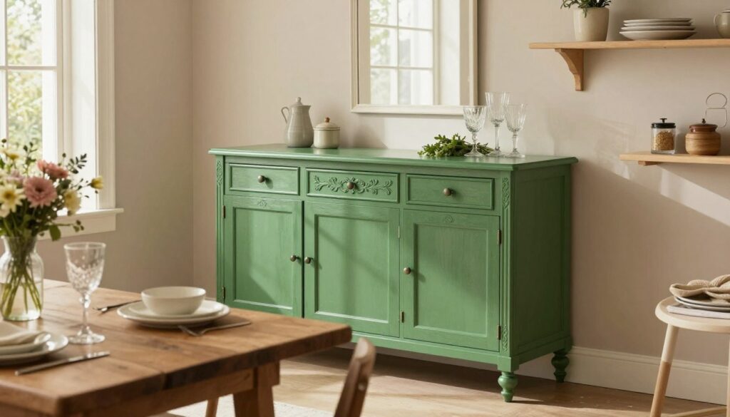 A beautifully styled green kitchen credenza, showcasing intricate carvings and vintage charm, stands elegantly against a soft, neutral-toned wall. In the foreground, a rustic wooden dining table adorned with fresh flowers and tableware creates a warm, inviting atmosphere. The middle ground features the credenza with its glossy finish reflecting natural light streaming in from large windows, enhancing its rich green color. Subtle decorations, such as vintage glassware and culinary herbs, tastefully arranged on the credenza, add character. In the background, a cozy kitchen environment with soft pastel-colored walls and stylish open shelves complements the scene. The warm lighting casts a gentle glow, evoking a sense of comfort and style, ideal for family gatherings or entertaining guests. A beautifully styled green kitchen credenza, showcasing intricate carvings and vintage charm, stands elegantly against a soft, neutral-toned wall. In the foreground, a rustic wooden dining table adorned with fresh flowers and tableware creates a warm, inviting atmosphere. The middle ground features the credenza with its glossy finish reflecting natural light streaming in from large windows, enhancing its rich green color. Subtle decorations, such as vintage glassware and culinary herbs, tastefully arranged on the credenza, add character. In the background, a cozy kitchen environment with soft pastel-colored walls and stylish open shelves complements the scene. The warm lighting casts a gentle glow, evoking a sense of comfort and style, ideal for family gatherings or entertaining guests.