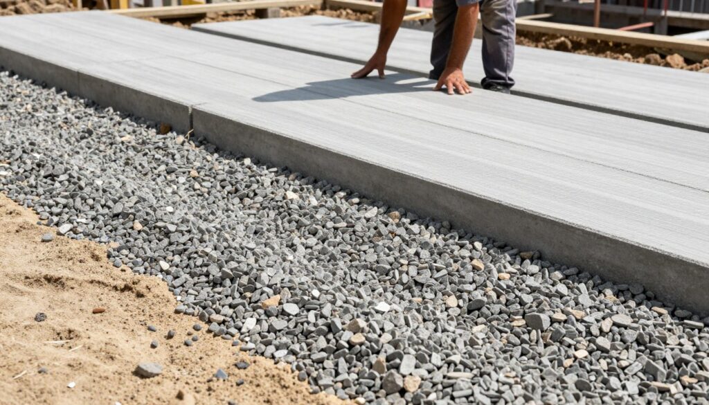 A carefully constructed foundation for concrete slabs, focusing on a layer of gravel and sand compacted on the ground. In the foreground, detail the texture of the gravel and sand, showcasing their arrangement in preparation for laying slabs. The middle ground features several concrete slabs that mimic wood grain, positioned neatly on the prepared sub-base. In the background, a construction worker in modest casual clothing examines the alignment of the slabs, under bright natural lighting that highlights the textures of both the materials and the environment. The camera angle is slightly elevated, capturing a wide view of the installation process, conveying a mood of professionalism and careful craftsmanship. No text or branding present. A carefully constructed foundation for concrete slabs, focusing on a layer of gravel and sand compacted on the ground. In the foreground, detail the texture of the gravel and sand, showcasing their arrangement in preparation for laying slabs. The middle ground features several concrete slabs that mimic wood grain, positioned neatly on the prepared sub-base. In the background, a construction worker in modest casual clothing examines the alignment of the slabs, under bright natural lighting that highlights the textures of both the materials and the environment. The camera angle is slightly elevated, capturing a wide view of the installation process, conveying a mood of professionalism and careful craftsmanship. No text or branding present.