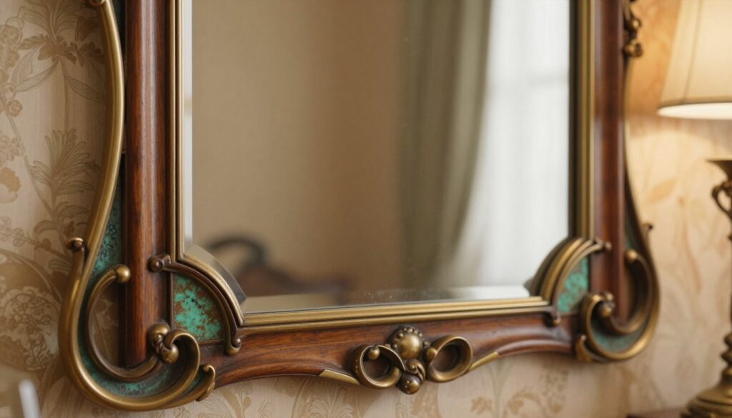 A close-up composition showcasing a beautifully crafted art nouveau mirror framed with a combination of dark wood, bronze, brass, and verdigris patina accents. In the foreground, intricate details of the ornate frame are highlighted, emphasizing the rich textures and warm hues of the materials. The middle ground features the mirror reflecting subtle light, capturing the elegance of the surroundings. In the background, softly blurred elements of a vintage-inspired interior, such as patterned wallpaper and an antique lamp, enhance the atmosphere. The scene is illuminated with warm, diffused lighting to create a cozy and inviting mood, evoking a sense of elegance and harmony in design.