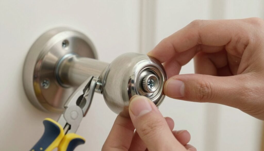 A close-up, detailed image showcasing the process of removing a decorative rosette from a doorknob, highlighting the mechanism underneath. In the foreground, focus on a hand carefully lifting a round, metallic rosette with subtle reflections, showcasing its intricate design and finish. In the middle ground, reveal the hidden screws and snap-on components, emphasizing the tools being used, such as a small screwdriver and pliers, with a soft-focus effect on the background. The background should be a softly blurred interior scene, perhaps a well-lit entryway, to create a clean, professional atmosphere. Use soft, diffused lighting to enhance the metallic textures and create a sense of calm efficiency. Talcoche the image to be informative and visually appealing, demonstrating safe and correct removal techniques. A close-up, detailed image showcasing the process of removing a decorative rosette from a doorknob, highlighting the mechanism underneath. In the foreground, focus on a hand carefully lifting a round, metallic rosette with subtle reflections, showcasing its intricate design and finish. In the middle ground, reveal the hidden screws and snap-on components, emphasizing the tools being used, such as a small screwdriver and pliers, with a soft-focus effect on the background. The background should be a softly blurred interior scene, perhaps a well-lit entryway, to create a clean, professional atmosphere. Use soft, diffused lighting to enhance the metallic textures and create a sense of calm efficiency. Talcoche the image to be informative and visually appealing, demonstrating safe and correct removal techniques.
