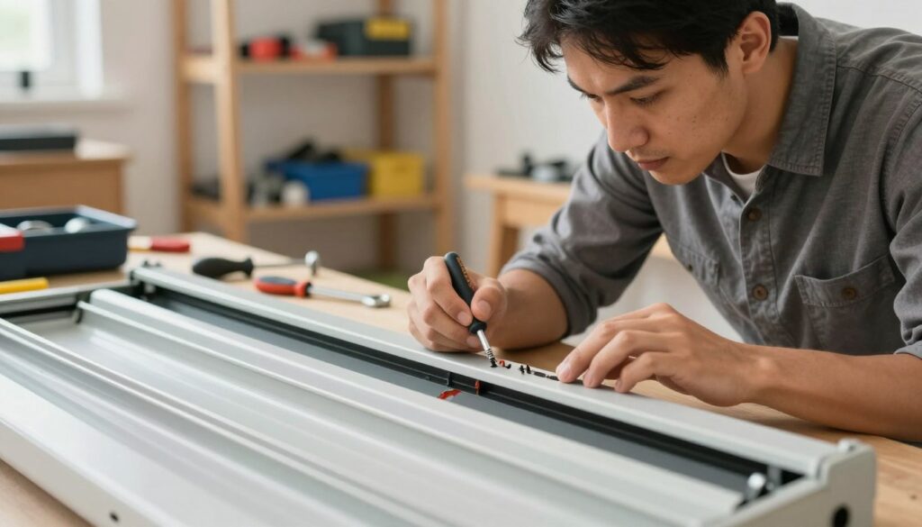 A close-up of a technician in modest casual clothing carefully disassembling a stylish exterior roller shutter, surrounded by tools like a screwdriver and a wrench. The technician looks focused and professional, embodying the process of troubleshooting common issues during dismantling. In the foreground, show the roller shutter in various stages of removal, highlighting potential problems like screws that are stripped or components that are stuck. The background features a well-lit workshop with shelves stocked with tools and parts, enhancing the technical atmosphere. Soft, natural lighting illuminates the scene, creating a clear view of the task at hand and emphasizing the attention to detail required in the process. The mood is calm and methodical, reflecting a knowledgeable approach to problem-solving during home repairs. A close-up of a technician in modest casual clothing carefully disassembling a stylish exterior roller shutter, surrounded by tools like a screwdriver and a wrench. The technician looks focused and professional, embodying the process of troubleshooting common issues during dismantling. In the foreground, show the roller shutter in various stages of removal, highlighting potential problems like screws that are stripped or components that are stuck. The background features a well-lit workshop with shelves stocked with tools and parts, enhancing the technical atmosphere. Soft, natural lighting illuminates the scene, creating a clear view of the task at hand and emphasizing the attention to detail required in the process. The mood is calm and methodical, reflecting a knowledgeable approach to problem-solving during home repairs.