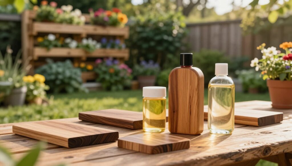 A close-up of a variety of wood finishes and preservatives, including a vibrant wood stain, a protective oil, and a clear wood varnish, displayed artistically on a rustic wooden surface. In the background, a beautifully landscaped garden featuring a pallet wall acting as a vertical garden, adorned with lush green plants and colorful flowers. The scene is softly illuminated by golden hour sunlight, casting gentle shadows and highlights, creating an inviting and tranquil atmosphere. The composition captures the beauty of outdoor relaxation zones, emphasizing the importance of wood treatment methods for longevity and style. Use a shallow depth of field to focus sharply on the wood products in the foreground, while the garden background adds depth and context. A close-up of a variety of wood finishes and preservatives, including a vibrant wood stain, a protective oil, and a clear wood varnish, displayed artistically on a rustic wooden surface. In the background, a beautifully landscaped garden featuring a pallet wall acting as a vertical garden, adorned with lush green plants and colorful flowers. The scene is softly illuminated by golden hour sunlight, casting gentle shadows and highlights, creating an inviting and tranquil atmosphere. The composition captures the beauty of outdoor relaxation zones, emphasizing the importance of wood treatment methods for longevity and style. Use a shallow depth of field to focus sharply on the wood products in the foreground, while the garden background adds depth and context.