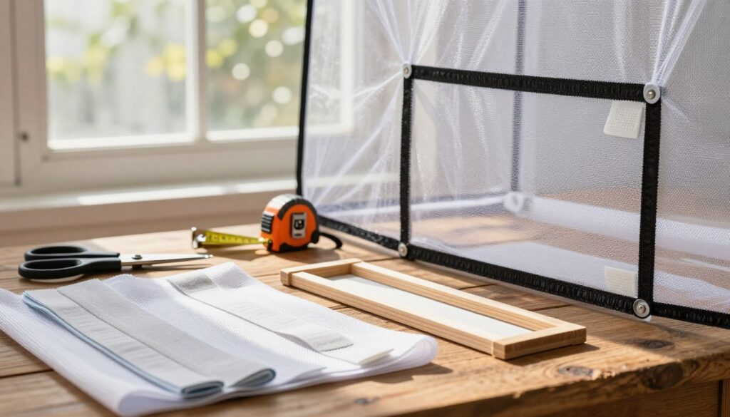 A close-up view of a DIY mosquito net system, showcasing a simple Velcro attachment mechanism alongside a more robust framed alternative. In the foreground, display various materials such as mesh fabric, Velcro strips, and a wooden frame, all neatly arranged on a rustic wooden table. The middle ground should include essential tools like scissors, a staple gun, and measuring tape, emphasizing their role in crafting the mosquito net. In the background, create a softly blurred image of a window with a partially fitted screen, allowing dappled sunlight to filter in, illuminating the materials and tools with a warm, inviting glow. The overall mood is practical yet aesthetically pleasing, highlighting the blend of function and design.
