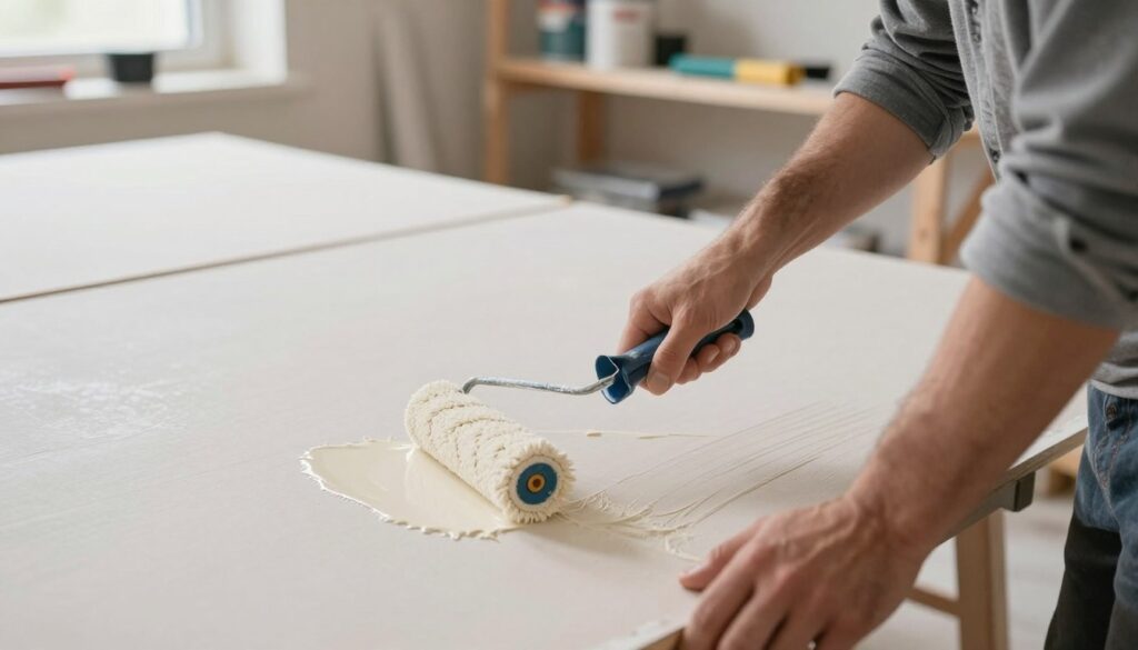 A close-up view of a construction worker in business casual attire, carefully applying a primer to a gypsum board surface in a well-lit indoor environment. The foreground features the worker's hands holding a small roller, smoothly applying the primer with attention to detail to ensure even coverage. In the middle ground, the gypsum board can be seen, showcasing its smooth texture and the fresh coating of primer. The background reveals shelves with various tools and materials, creating a professional workshop atmosphere. Soft, natural lighting enhances the scene, while a shallow depth of field focuses on the worker's actions, conveying a mood of diligence and expertise in the preparation process for tiling. A close-up view of a construction worker in business casual attire, carefully applying a primer to a gypsum board surface in a well-lit indoor environment. The foreground features the worker's hands holding a small roller, smoothly applying the primer with attention to detail to ensure even coverage. In the middle ground, the gypsum board can be seen, showcasing its smooth texture and the fresh coating of primer. The background reveals shelves with various tools and materials, creating a professional workshop atmosphere. Soft, natural lighting enhances the scene, while a shallow depth of field focuses on the worker's actions, conveying a mood of diligence and expertise in the preparation process for tiling.