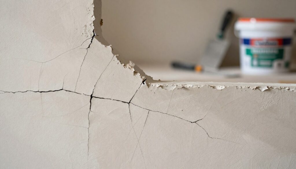 A close-up view of a cracked wall surface, showcasing various types of cracks, including horizontal, vertical, and spiderweb-like fissures. The foreground features a textured surface of light-colored gypsum plaster, with contrasting shadows highlighting the subtle imperfections and damage. In the middle, a smooth gradient transitions to a blur of tools like a putty knife and bucket of gypsum adhesive, hinting at repair work. The background remains softly out of focus, with warm, natural lighting that suggests a realistic interior environment. The mood is one of introspection, emphasizing the challenges and solutions in drywall finishing, inviting the viewer to consider the implications of using gypsum glue. A close-up view of a cracked wall surface, showcasing various types of cracks, including horizontal, vertical, and spiderweb-like fissures. The foreground features a textured surface of light-colored gypsum plaster, with contrasting shadows highlighting the subtle imperfections and damage. In the middle, a smooth gradient transitions to a blur of tools like a putty knife and bucket of gypsum adhesive, hinting at repair work. The background remains softly out of focus, with warm, natural lighting that suggests a realistic interior environment. The mood is one of introspection, emphasizing the challenges and solutions in drywall finishing, inviting the viewer to consider the implications of using gypsum glue.