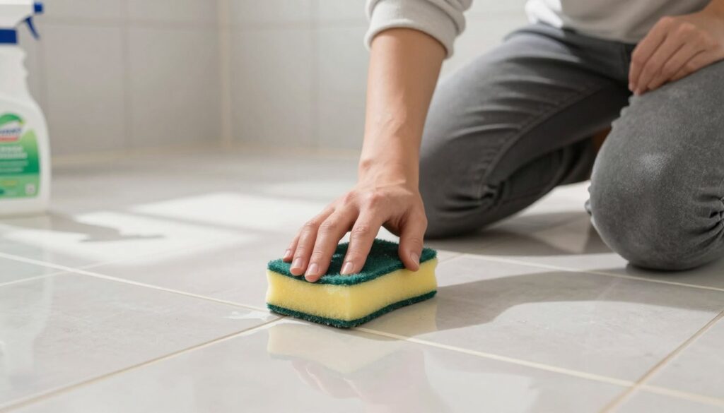 A close-up view of a person wearing modest casual clothing, kneeling on a clean, tiled floor while carefully scrubbing freshly applied epoxy grout with a non-abrasive sponge. The focus is on the individual's hands as they grip the sponge, demonstrating effective cleaning techniques without scratching the tiles. The background features a well-lit, modern bathroom with shiny tiles reflecting soft daylight. A bottle of eco-friendly grout cleaner is partially visible on the side, promoting a safe cleaning approach. The atmosphere is calm and methodical, illustrating a step-by-step cleaning process with an emphasis on attention to detail. The lighting is bright and inviting, highlighting the textures of the tiles and the smoothness of the grout.