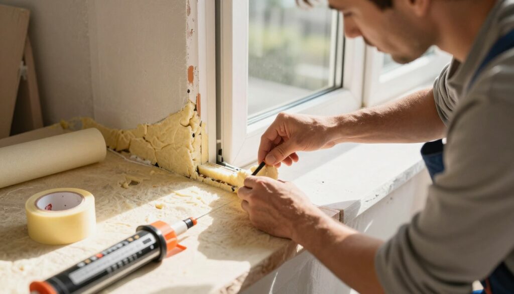 A close-up view of a professional contractor demonstrating how to eliminate thermal bridges around a window during energy efficiency renovations. In the foreground, show the contractor in modest casual clothing, focused on applying insulation material along the window frame. The middle ground features detailed elements such as insulating foam, sealing tape, and tools like a caulking gun. The background includes a well-lit room with natural sunlight streaming through the window, highlighting the installation process. Warm, inviting tones convey a sense of home improvement and comfort. The angle of the shot should be slightly elevated to capture both the contractor's concentrated expression and the intricacies of the thermal bridge elimination process.