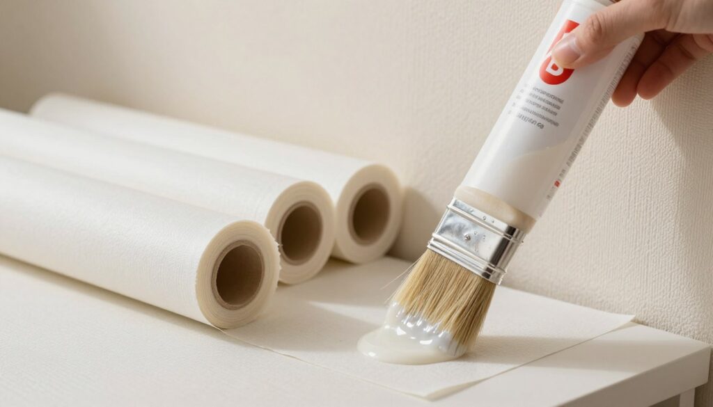 A close-up view of a professional-grade wallpaper paste being applied on a textured wall, showcasing the effectiveness of the adhesive. In the foreground, a painter's brush is dipped in the glue, with droplets of paste glistening under soft, natural daylight. In the middle ground, freshly cut wallpaper rolls are neatly arranged, with a focus on the smoothness and quality of the adhesive on the back of one roll. The background features a partially wallpapered wall, illustrating the transition between a finished section and a bare surface, emphasizing the contrast. The overall atmosphere is professional and inviting, illustrating a well-organized workspace dedicated to wallpapering. The lighting is warm and soft, enhancing the textures and colors of the materials. A close-up view of a professional-grade wallpaper paste being applied on a textured wall, showcasing the effectiveness of the adhesive. In the foreground, a painter's brush is dipped in the glue, with droplets of paste glistening under soft, natural daylight. In the middle ground, freshly cut wallpaper rolls are neatly arranged, with a focus on the smoothness and quality of the adhesive on the back of one roll. The background features a partially wallpapered wall, illustrating the transition between a finished section and a bare surface, emphasizing the contrast. The overall atmosphere is professional and inviting, illustrating a well-organized workspace dedicated to wallpapering. The lighting is warm and soft, enhancing the textures and colors of the materials.