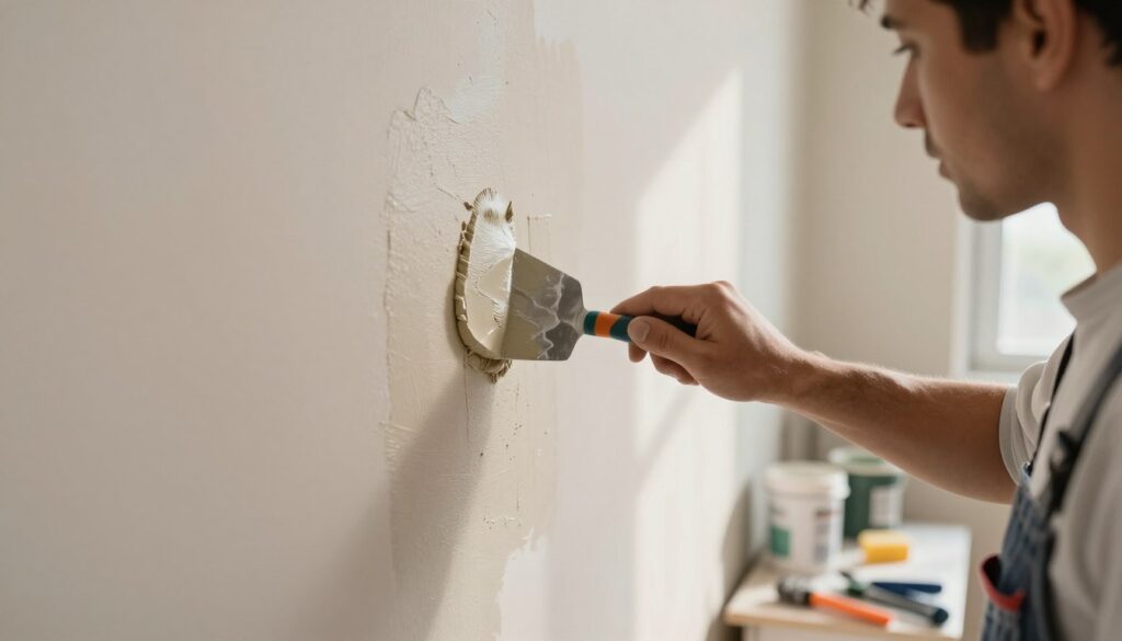 A close-up view of a skilled worker applying putty on a painted wall, demonstrating the technique of "patching over paint." The foreground features the worker, dressed in clean, professional work attire, focused on smoothing the putty with a spatula. In the middle, the wall reveals a textured surface with remnants of old paint, showing previous colors and slight imperfections. The background softly fades, with tools and materials organized neatly in a home improvement context. Warm, natural light filters in from a nearby window, casting gentle shadows that create a realistic atmosphere. The overall mood is one of craftsmanship and attention to detail, highlighting a crucial step in home renovation. A close-up view of a skilled worker applying putty on a painted wall, demonstrating the technique of "patching over paint." The foreground features the worker, dressed in clean, professional work attire, focused on smoothing the putty with a spatula. In the middle, the wall reveals a textured surface with remnants of old paint, showing previous colors and slight imperfections. The background softly fades, with tools and materials organized neatly in a home improvement context. Warm, natural light filters in from a nearby window, casting gentle shadows that create a realistic atmosphere. The overall mood is one of craftsmanship and attention to detail, highlighting a crucial step in home renovation.