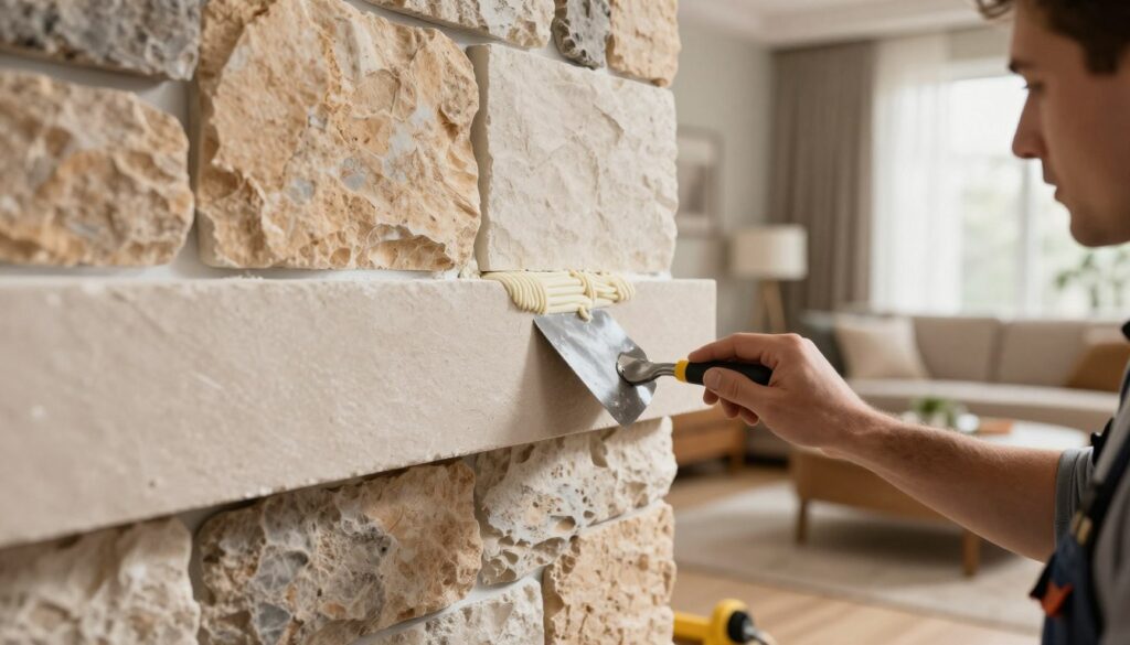 A close-up view of a skillful tradesperson installing decorative panels on a chimney in a stylish living room. The foreground features the tradesperson, dressed in professional work attire, using a trowel to apply adhesive to the surface of the chimney. In the middle ground, the installed panels are showcased, highlighting a mix of natural stone textures and a sleek, modern stone finish. The background reveals a cozy living room setting with soft lighting, tasteful furniture, and warm color tones, creating an inviting atmosphere. The angle should emphasize the hands-on work while capturing the entire chimney's aesthetic appeal. Ensure the scene conveys a sense of craftsmanship and attention to detail in the installation process, with accurate lighting that highlights the textures. A close-up view of a skillful tradesperson installing decorative panels on a chimney in a stylish living room. The foreground features the tradesperson, dressed in professional work attire, using a trowel to apply adhesive to the surface of the chimney. In the middle ground, the installed panels are showcased, highlighting a mix of natural stone textures and a sleek, modern stone finish. The background reveals a cozy living room setting with soft lighting, tasteful furniture, and warm color tones, creating an inviting atmosphere. The angle should emphasize the hands-on work while capturing the entire chimney's aesthetic appeal. Ensure the scene conveys a sense of craftsmanship and attention to detail in the installation process, with accurate lighting that highlights the textures.