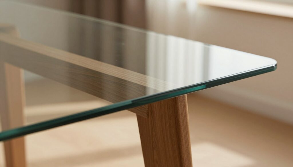 A close-up view of a thick glass tabletop in a modern setting, showcasing its polished edges and varying light reflections. The foreground includes detailed textures of the glass surface, highlighting its clarity and thickness. In the middle ground, a sleek wooden table supports the glass, with soft shadows cast beneath it. The background features a soft-focus interior with warm lighting, creating a cozy atmosphere. The image should evoke a sense of elegance and functionality, emphasizing the importance of glass thickness in table design. The camera angle is slightly elevated, with a shallow depth of field to enhance the glass's beauty while keeping the focus clear. A close-up view of a thick glass tabletop in a modern setting, showcasing its polished edges and varying light reflections. The foreground includes detailed textures of the glass surface, highlighting its clarity and thickness. In the middle ground, a sleek wooden table supports the glass, with soft shadows cast beneath it. The background features a soft-focus interior with warm lighting, creating a cozy atmosphere. The image should evoke a sense of elegance and functionality, emphasizing the importance of glass thickness in table design. The camera angle is slightly elevated, with a shallow depth of field to enhance the glass's beauty while keeping the focus clear.