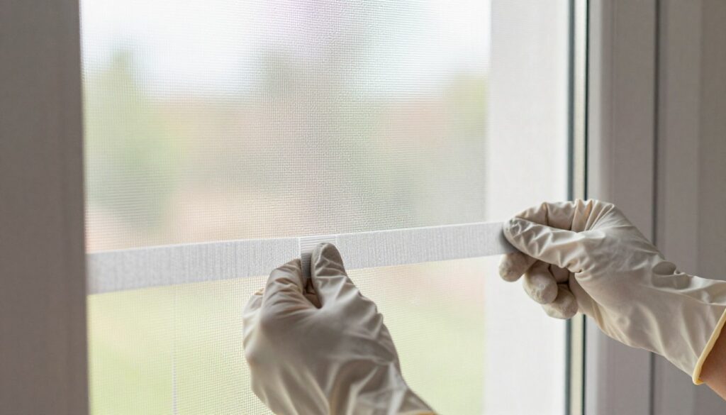 A close-up view of a window being fitted with a hook-and-loop insect screen, showcasing the textured mesh and easy-attach strips. In the foreground, show a pair of hands, wearing modest protective gloves, applying the velcro strips to the window frame. The middle layer features the insect screen, slightly taut, with sunlight filtering through, enhancing the mesh's transparency. In the background, a bright and airy room is visible, hinting at a serene outdoor view. The lighting is soft, emphasizing a relaxed, homey atmosphere. Capture the moment of installation, highlighting the efficiency and ease of this method. No text or distractions should be present in the image. A close-up view of a window being fitted with a hook-and-loop insect screen, showcasing the textured mesh and easy-attach strips. In the foreground, show a pair of hands, wearing modest protective gloves, applying the velcro strips to the window frame. The middle layer features the insect screen, slightly taut, with sunlight filtering through, enhancing the mesh's transparency. In the background, a bright and airy room is visible, hinting at a serene outdoor view. The lighting is soft, emphasizing a relaxed, homey atmosphere. Capture the moment of installation, highlighting the efficiency and ease of this method. No text or distractions should be present in the image.