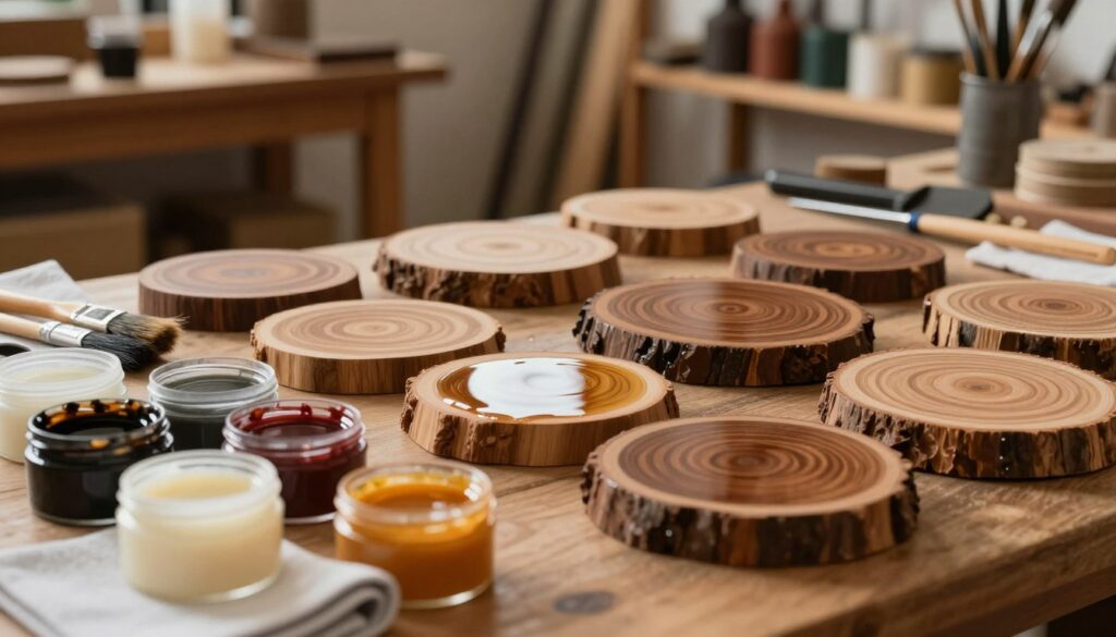 A close-up view of beautifully finished wooden slices, showcasing a variety of wood finishes such as natural oil, glossy lacquer, and soft wax, highlighting their rich textures and colors. In the foreground, display an assortment of small containers filled with these different finishes, along with brushes and cloths for application. The middle ground features the polished wooden slices arranged artistically, capturing reflections of soft, warm light for an inviting atmosphere. In the background, include a blurred workshop setting with rustic tools and shelves filled with woodworking supplies, enhancing the natural and loft-inspired decor theme. The lighting should be soft yet illuminating, creating a cozy and artisanal mood, with a shallow depth of field to emphasize the foreground details and textures.