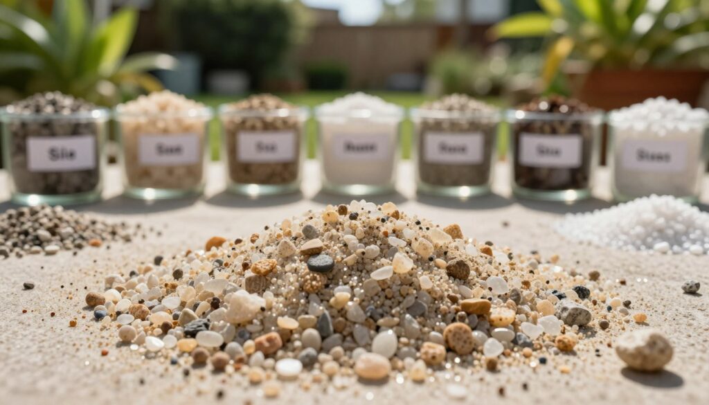 A close-up view of fine silica sand grains, showcasing their diverse textures and sizes, scattered across a smooth surface. In the foreground, the sand is highlighted with a glistening effect, capturing the natural light. The middle ground features a range of sand samples, displayed in small glass containers, each labeled with their respective granule sizes. In the background, a softly blurred garden scene with lush greenery hints at the various applications of silica sand in home and garden settings. The lighting is warm and inviting, reflecting a sunny day, with natural shadows adding depth to the composition. The atmosphere is rich and educational, embodying the essential properties that influence the use of silica sand.