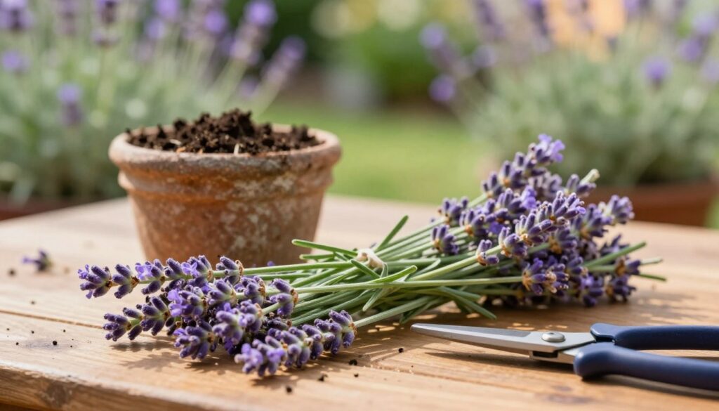 A close-up view of healthy lavender cuttings, freshly pruned and placed neatly on a wooden table, showcasing their vibrant green stems and delicate purple flower buds. In the foreground, the cuttings are meticulously arranged, with a pair of professional pruning shears resting beside them. In the middle ground, a rustic gardening pot is filled with rich soil, hinting at future planting. The background features a soft-focus garden scene filled with blooming lavender plants under warm, natural sunlight. The atmosphere is peaceful and serene, evoking a sense of care in plant cultivation. Capture with a shallow depth of field to emphasize the cuttings, and use a bright, warm color palette to illustrate a loving connection to gardening.