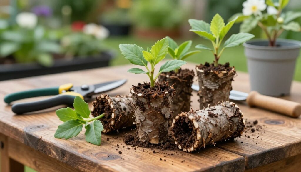 A close-up view of healthy, woody cuttings for propagation, showcased on a rustic wooden table. The foreground features several cuttings with distinct textures of rough bark and fresh green leaves, partially nestled in soft, earthy soil. The middle ground includes gardening tools like pruning shears and a small pot, emphasizing the process of taking cuttings. In the background, a blurred garden setting is visible, with lush greenery and blurred flowerbeds, creating a serene ambiance. The lighting is soft and natural, suggesting an overcast day, enhancing the rich colors of the wood and foliage. The overall mood is calm and focused, illustrating the careful art of propagating shrubs from cuttings.