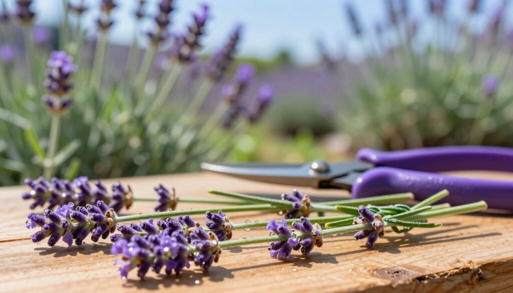 A close-up view of lavender cuttings, or "sadzonki lawendy," arranged on a natural wooden surface. The foreground showcases several healthy green cuttings with vibrant purple flowers, some with soft, sparkling dew drops. In the middle ground, include a pair of gardening shears glistening under the sunlight, suggesting the act of pruning. The background features a blurred garden setting, filled with blooming lavender plants under a bright blue sky, creating a serene and tranquil atmosphere. Soft, warm lighting enhances the colors of the lavender, giving a sense of freshness and vitality. The composition captures the essence of nurturing plants, ideal for showcasing the detailed process of lavender propagation.
