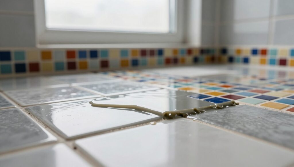 A close-up view of leftover epoxy grout and tiles in a well-lit, modern bathroom setting. In the foreground, a few patches of dried epoxy grout are visible on glossy ceramic tiles, showcasing a mix of gray and white hues. The middle ground features an array of colorful mosaic tiles partially obscured by the grout remnants, with reflections of light adding depth. In the background, soft natural light filters through a frosted window, creating a serene atmosphere. The camera angle is slightly elevated to capture the details while maintaining a clean composition. The mood is efficient and practical, illustrating the importance of timely cleaning without excessive scrubbing.