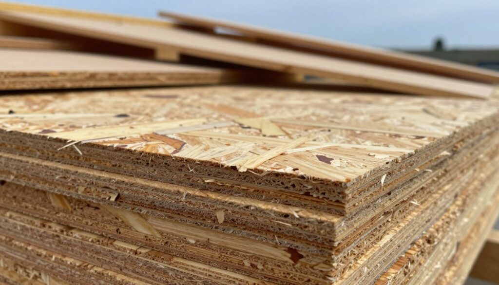 A close-up view of oriented strand board (OSB) panels, showcasing their textured surface and edges. The foreground features several stacked OSB sheets, emphasizing their rough, layered appearance, while the middle ground presents a construction scene with partially installed roofing, integrating other wooden materials like planks and plywood. In the background, a clear blue sky is visible, hinting at an outdoor setting. Soft, natural lighting highlights the wood's grain, creating a warm, inviting atmosphere. Focus on the intricate details of the OSB, such as its strands and bonding, while maintaining a professional and informative tone throughout the composition.