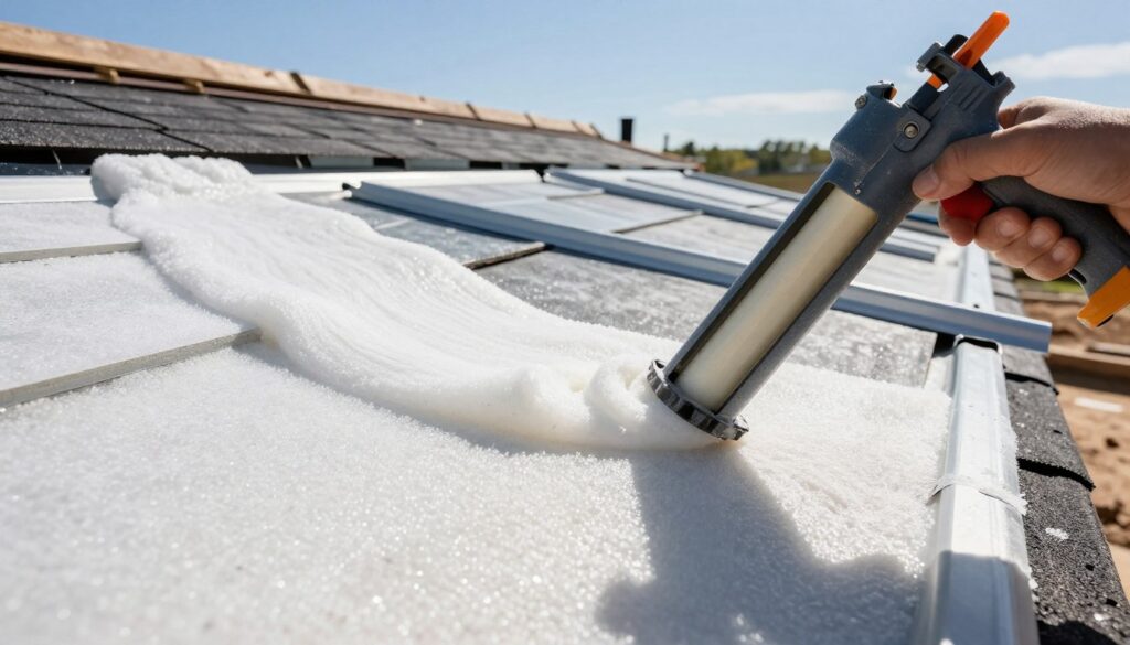A close-up view of polyurethane foam used for roof sealing, showcasing its texture and flexibility. In the foreground, a thick bead of the foam is being applied with a caulking gun, emphasizing its practical use in construction. The middle ground features a partially completed roof, with other materials like shingles and metal flashings visible, illustrating the contrast between polyurethane foam and traditional sealing materials. The background displays a construction site with a clear blue sky, creating a bright and professional atmosphere. The lighting is natural and bright, accentuating the details of the foam’s surface. The angle is slightly elevated to provide a comprehensive view of the application process, highlighting the efficiency and ease of the foam in roofing projects. A close-up view of polyurethane foam used for roof sealing, showcasing its texture and flexibility. In the foreground, a thick bead of the foam is being applied with a caulking gun, emphasizing its practical use in construction. The middle ground features a partially completed roof, with other materials like shingles and metal flashings visible, illustrating the contrast between polyurethane foam and traditional sealing materials. The background displays a construction site with a clear blue sky, creating a bright and professional atmosphere. The lighting is natural and bright, accentuating the details of the foam’s surface. The angle is slightly elevated to provide a comprehensive view of the application process, highlighting the efficiency and ease of the foam in roofing projects.