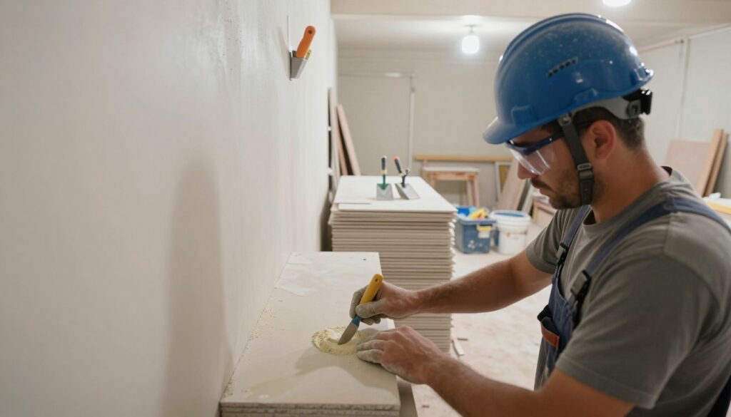 A construction site focused on preparing gypsum board for plastering. In the foreground, a professional contractor wearing a hard hat and safety goggles applies a primer to a smooth gypsum board wall. In the middle ground, stacks of gypsum boards are neatly positioned alongside tools like trowels and mixing buckets. The background features partially completed walls and tools, with bright overhead lights illuminating the workspace. The mood is industrious and focused, emphasizing precision and craftsmanship. The scene is highly detailed, showcasing textures of the gypsum board and tools, while maintaining a clean and organized environment. The composition should have a slight downward angle, capturing both the action and the materials in a warm, natural light. A construction site focused on preparing gypsum board for plastering. In the foreground, a professional contractor wearing a hard hat and safety goggles applies a primer to a smooth gypsum board wall. In the middle ground, stacks of gypsum boards are neatly positioned alongside tools like trowels and mixing buckets. The background features partially completed walls and tools, with bright overhead lights illuminating the workspace. The mood is industrious and focused, emphasizing precision and craftsmanship. The scene is highly detailed, showcasing textures of the gypsum board and tools, while maintaining a clean and organized environment. The composition should have a slight downward angle, capturing both the action and the materials in a warm, natural light.