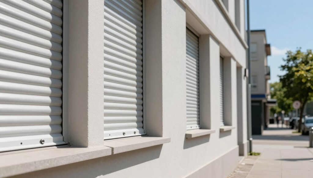 A contemporary building facade showcasing outdoor roller shutters (rolety zewnętrzne) that are poorly integrated into the overall design, detracting from the elegance of the structure. In the foreground, emphasize the bulky, unattractive box and guiding rails, featuring a textured surface that contrasts starkly with the smooth exterior wall. The middle ground includes a vibrant urban setting with trees and street elements slightly blurred, highlighting the building's flaws. The background features a clear blue sky, creating a bright atmosphere. Use natural daylight to accentuate shadows and details, capturing a candid angle that invites the viewer to critique the aesthetics. Focus on conveying a sense of discontent with the design choice, evoking a mood that encourages improvement. A contemporary building facade showcasing outdoor roller shutters (rolety zewnętrzne) that are poorly integrated into the overall design, detracting from the elegance of the structure. In the foreground, emphasize the bulky, unattractive box and guiding rails, featuring a textured surface that contrasts starkly with the smooth exterior wall. The middle ground includes a vibrant urban setting with trees and street elements slightly blurred, highlighting the building's flaws. The background features a clear blue sky, creating a bright atmosphere. Use natural daylight to accentuate shadows and details, capturing a candid angle that invites the viewer to critique the aesthetics. Focus on conveying a sense of discontent with the design choice, evoking a mood that encourages improvement.