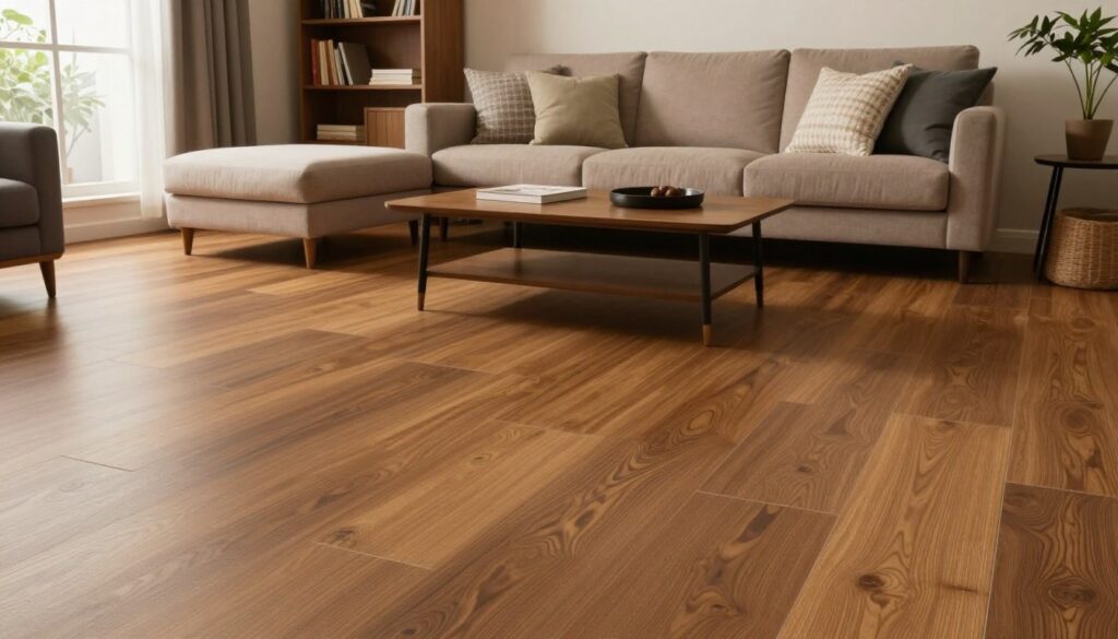 A cozy and modern living room featuring a stylish vinyl flooring that elegantly covers old tiles. In the foreground, soft, warm light from a nearby window creates a welcoming ambiance, highlighting the rich textures and patterns of the vinyl panels. The middle section showcases a beautifully arranged seating area with a plush sofa and decorative pillows. A sleek coffee table rests on the new flooring, inviting relaxation. In the background, a tasteful bookshelf and potted plants add depth and life to the scene, emphasizing the transformation possible with vinyl coverings. The image should reflect a serene and contemporary mood, focusing on practicality and aesthetic appeal. The overall composition is inviting, showcasing how vinyl can enhance interior spaces. A cozy and modern living room featuring a stylish vinyl flooring that elegantly covers old tiles. In the foreground, soft, warm light from a nearby window creates a welcoming ambiance, highlighting the rich textures and patterns of the vinyl panels. The middle section showcases a beautifully arranged seating area with a plush sofa and decorative pillows. A sleek coffee table rests on the new flooring, inviting relaxation. In the background, a tasteful bookshelf and potted plants add depth and life to the scene, emphasizing the transformation possible with vinyl coverings. The image should reflect a serene and contemporary mood, focusing on practicality and aesthetic appeal. The overall composition is inviting, showcasing how vinyl can enhance interior spaces.