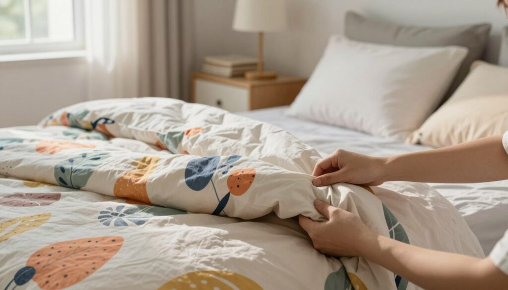 A cozy bedroom scene featuring a neatly made bed with a fluffy duvet partially covered by a colorful duvet cover, demonstrating the left-side method of putting on bedding. In the foreground, hands are shown skillfully tucking the duvet inside the cover, with vibrant patterns visible. The middle ground includes a stylish bedside table adorned with a simple lamp and a stack of neatly folded blankets. In the background, soft, natural light streams through a nearby window, casting gentle shadows that enhance the inviting atmosphere. The overall mood is calm and warm, perfect for illustrating a practical and efficient bedding technique. The setting should be devoid of any text or labels, focusing solely on the bedding process.