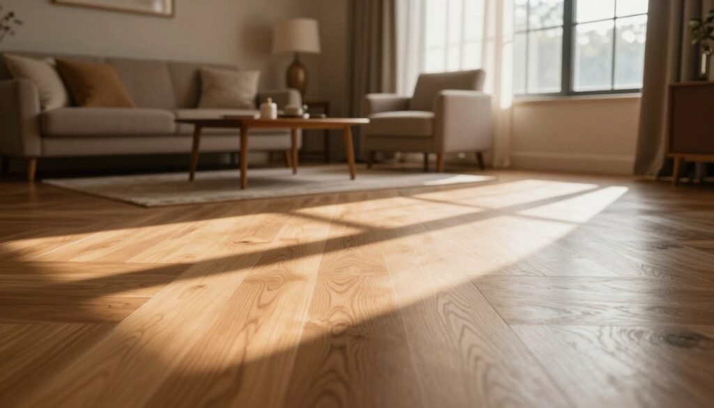A cozy interior room filled with warm sunlight streaming through a large window, casting soft reflections on elegant wooden floor panels laid perpendicular to the light source. The foreground features a polished wooden panel, showcasing subtle textures that catch the light, conveying a sense of depth and warmth. In the middle, a beautifully decorated living space with tasteful furniture complements the aesthetics, while the background highlights gentle curtain drapes, enhancing the soft ambiance created by the sunlight. The lighting is warm and inviting, capturing the beauty of natural illumination and the interplay of light and shadow. A serene atmosphere evokes feelings of tranquility and comfort, illustrating the harmony of light in an indoor space. A cozy interior room filled with warm sunlight streaming through a large window, casting soft reflections on elegant wooden floor panels laid perpendicular to the light source. The foreground features a polished wooden panel, showcasing subtle textures that catch the light, conveying a sense of depth and warmth. In the middle, a beautifully decorated living space with tasteful furniture complements the aesthetics, while the background highlights gentle curtain drapes, enhancing the soft ambiance created by the sunlight. The lighting is warm and inviting, capturing the beauty of natural illumination and the interplay of light and shadow. A serene atmosphere evokes feelings of tranquility and comfort, illustrating the harmony of light in an indoor space.