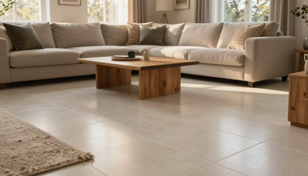 A cozy living room featuring elegant porcelain tiles, showcasing underfloor heating. In the foreground, a plush area rug partially reveals the smooth, glossy surface of the tiles, reflecting soft, warm ambient light. In the middle ground, a modern sectional couch with neutral upholstery sits invitingly, accompanied by stylish throw pillows. A coffee table made of natural wood contrasts beautifully with the tiles. In the background, large windows let in natural light, illuminating the room and enhancing the open feel. The atmosphere is serene and comfortable, celebrating the blend of aesthetics and functionality; the subtle interplay of materials emphasizes sound and warmth, inviting relaxation and social interaction. The perspective is slightly angled to capture depth and a homey ambiance.