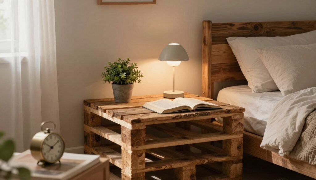 A cozy, rustic bedside table made from reclaimed wood pallets, adorned with a small potted plant and a minimalistic lamp, placed next to a neatly made bed. In the foreground, there's a vintage clock and an open book resting on the table surface. The middle ground features the bedside table against a soft, warm-toned wall with subtle textures, conveying a homey atmosphere. A gentle window light filters in from the left, casting soft shadows and illuminating the wooden surface. In the background, a serene bedroom setting is visible, with neutral-colored bedding and soft curtains that complement the wooden elements. The overall mood is inviting, emphasizing simplicity and resourcefulness in DIY furniture design. A cozy, rustic bedside table made from reclaimed wood pallets, adorned with a small potted plant and a minimalistic lamp, placed next to a neatly made bed. In the foreground, there's a vintage clock and an open book resting on the table surface. The middle ground features the bedside table against a soft, warm-toned wall with subtle textures, conveying a homey atmosphere. A gentle window light filters in from the left, casting soft shadows and illuminating the wooden surface. In the background, a serene bedroom setting is visible, with neutral-colored bedding and soft curtains that complement the wooden elements. The overall mood is inviting, emphasizing simplicity and resourcefulness in DIY furniture design.
