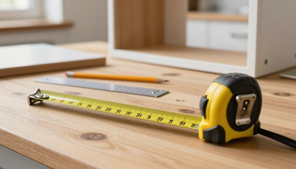 A detailed and realistic depiction of a measuring tape (taśma miernicza) lying flat on a wooden surface, prominently featured in the foreground. The measuring tape should display clear, contrasting markings and numbers, emphasizing precision. In the middle ground, a set of kitchen furniture components, such as a base cabinet and a kickboard, are partially assembled, with a pencil, a square, and a small level tool nearby. The background includes a bright workshop environment, subtly blurred to maintain focus on the measuring tape and tools. Soft, natural lighting illuminates the scene, creating a warm and professional atmosphere. The angle should be slightly from above, drawing attention to the measuring tape as an essential tool for accurate cutting. A detailed and realistic depiction of a measuring tape (taśma miernicza) lying flat on a wooden surface, prominently featured in the foreground. The measuring tape should display clear, contrasting markings and numbers, emphasizing precision. In the middle ground, a set of kitchen furniture components, such as a base cabinet and a kickboard, are partially assembled, with a pencil, a square, and a small level tool nearby. The background includes a bright workshop environment, subtly blurred to maintain focus on the measuring tape and tools. Soft, natural lighting illuminates the scene, creating a warm and professional atmosphere. The angle should be slightly from above, drawing attention to the measuring tape as an essential tool for accurate cutting.