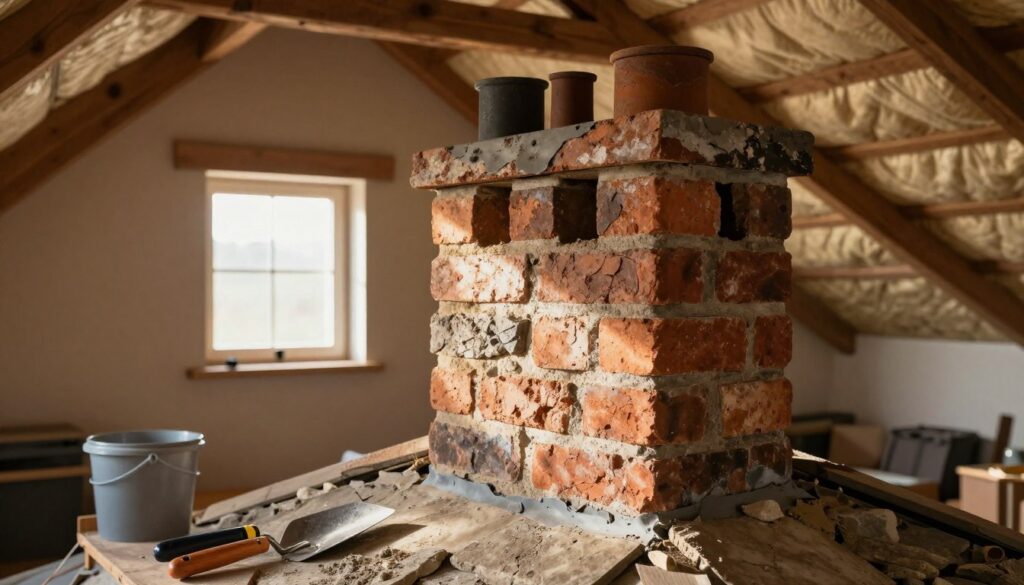 A detailed, brick chimney on an attic's sloped roof, surrounded by warm light that emphasizes texture and durability. The chimney features a robust, weathered finish, showcasing a montage of resistant materials such as stone and reinforced plaster. In the foreground, tools for applying a protective coating, like a trowel and bucket, are carefully arranged. In the middle ground, light streams through a nearby window, casting interesting shadows that convey warmth and safety. The background features a peek into the attic space, with wooden beams and insulation, adding to the cozy atmosphere. The scene evokes a sense of stability and permanence, with soft, inviting colors that suggest a well-maintained environment.