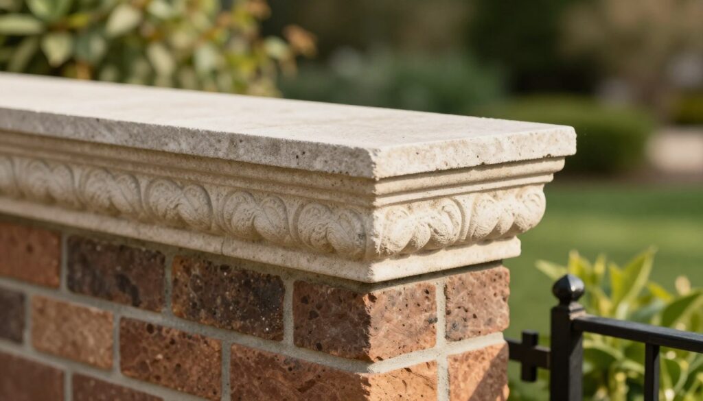 A detailed close-up of a decorative wall coping (daszek) designed to protect a brick wall from water damage, made of high-quality stone or concrete, elegantly blending functionality and aesthetics. The foreground features intricate patterns and textures on the coping, showcasing craftsmanship. The middle ground reveals a brick wall with a well-mortared finish, highlighting the structural integrity enhanced by the coping. In the background, a lush, green garden is visible, softly blurred to maintain focus on the wall and coping. Warm, natural lighting filters through, creating inviting shadows that emphasize the shapes. The mood is tranquil and elegant, perfect for illustrating a sophisticated approach to garden fencing.