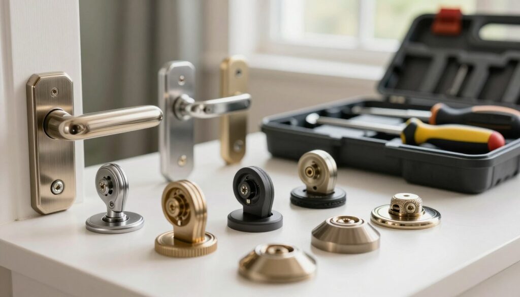 A detailed close-up of different types of rosettes on door handles, showcasing their unique designs and fastening mechanisms. In the foreground, various rosettes with distinctive shapes and textures are displayed, each with visible screws and locking mechanisms emphasized for clarity. The middle ground features a well-organized toolkit with tools like screwdrivers and pliers, highlighting the demounting process. The background is a softly blurred interior setting, illuminated by natural light filtering through a nearby window, creating a warm and inviting atmosphere. The scene conveys a sense of professionalism and meticulousness, perfect for illustrating the identification of rosette types and secure removal techniques. A detailed close-up of different types of rosettes on door handles, showcasing their unique designs and fastening mechanisms. In the foreground, various rosettes with distinctive shapes and textures are displayed, each with visible screws and locking mechanisms emphasized for clarity. The middle ground features a well-organized toolkit with tools like screwdrivers and pliers, highlighting the demounting process. The background is a softly blurred interior setting, illuminated by natural light filtering through a nearby window, creating a warm and inviting atmosphere. The scene conveys a sense of professionalism and meticulousness, perfect for illustrating the identification of rosette types and secure removal techniques.